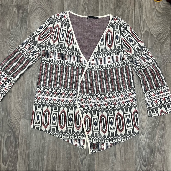 Zara Knit Cardigan Aztec Print Open Front Long Sleeve Bohemian Size S - Picture 1 of 9